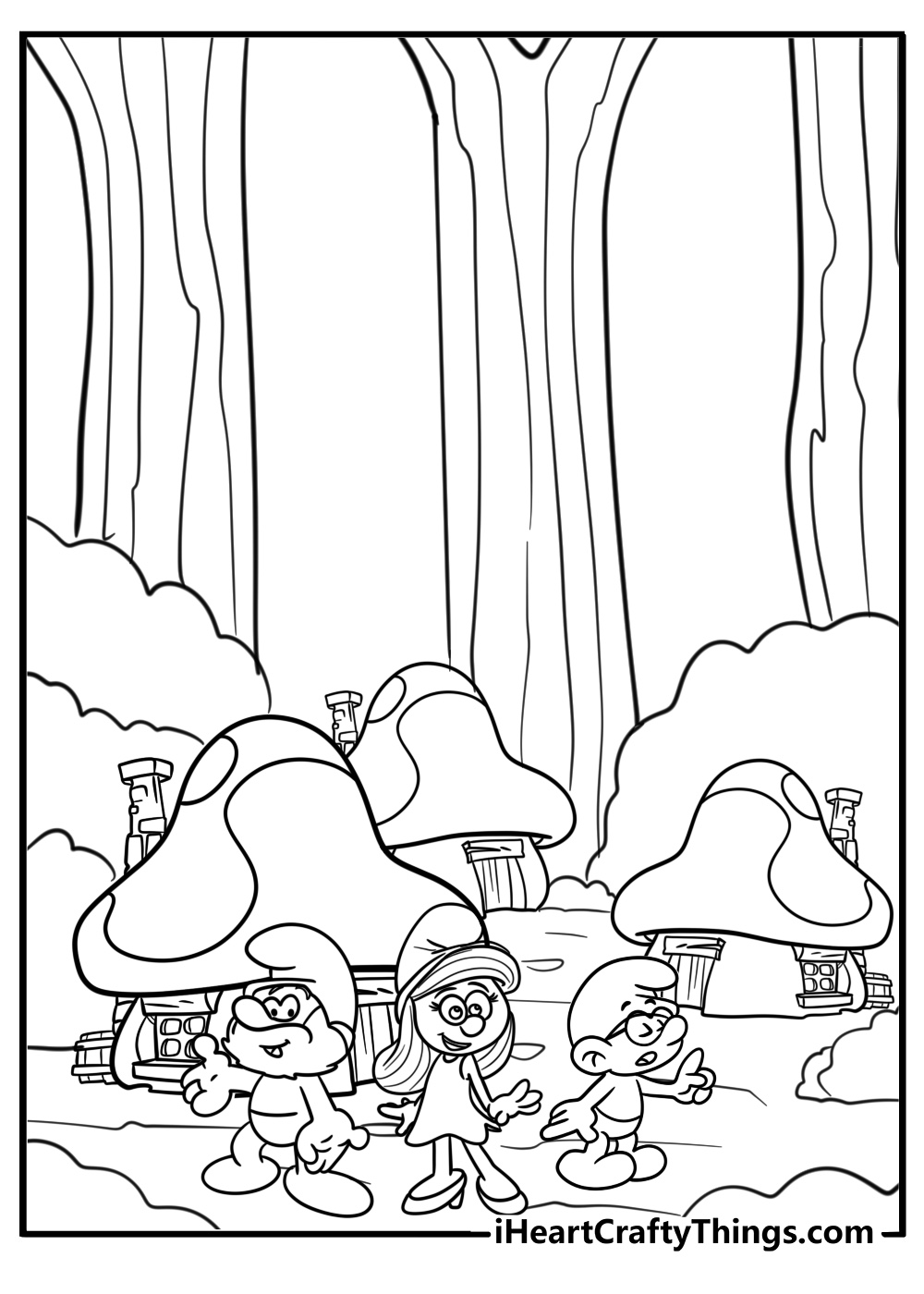 Papa smurf and friends having fun free coloring page pdf