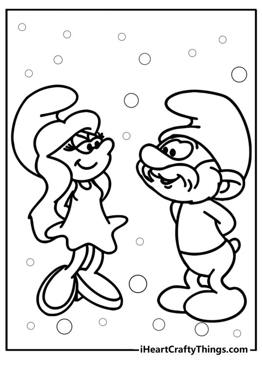 Papa smurf and smurfette laughing fun coloring sheet for kids