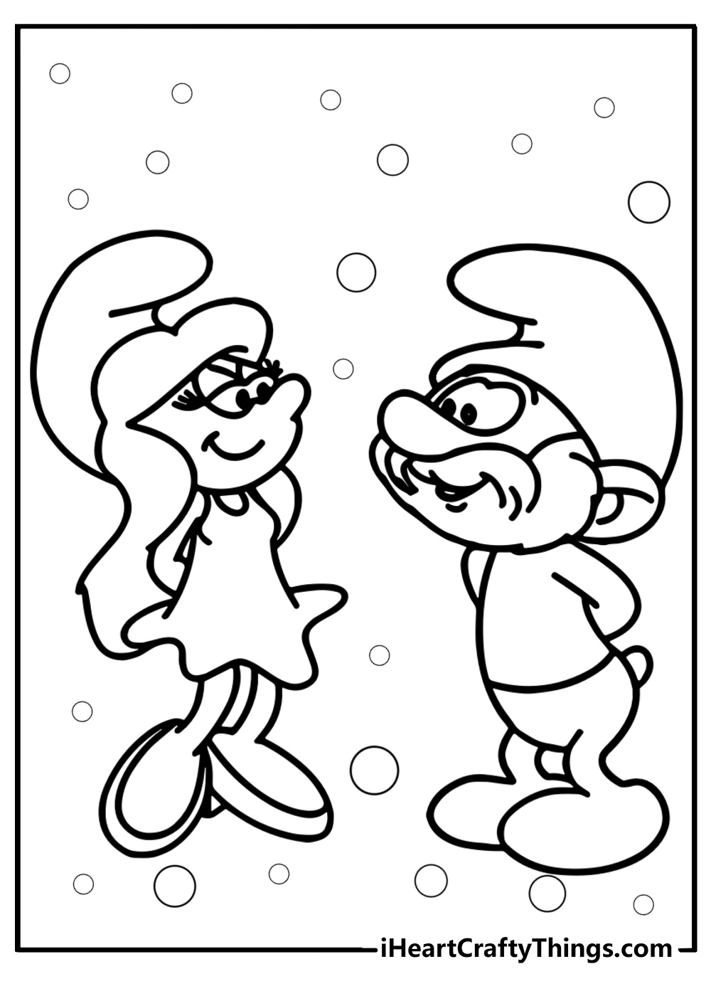 Papa smurf and smurfette laughing fun coloring sheet for kids