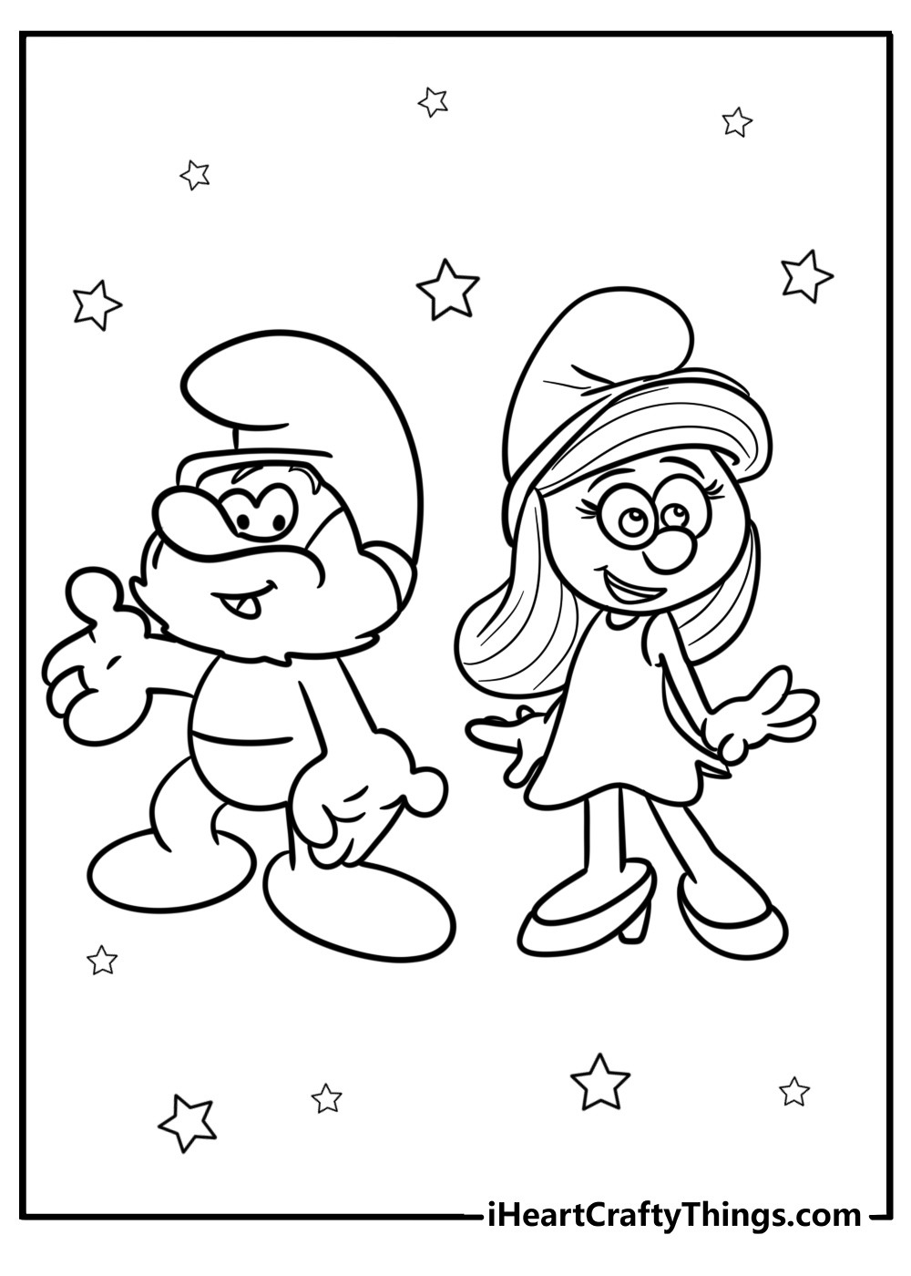 Papa smurf and smurfette smiling detailed coloring sheet