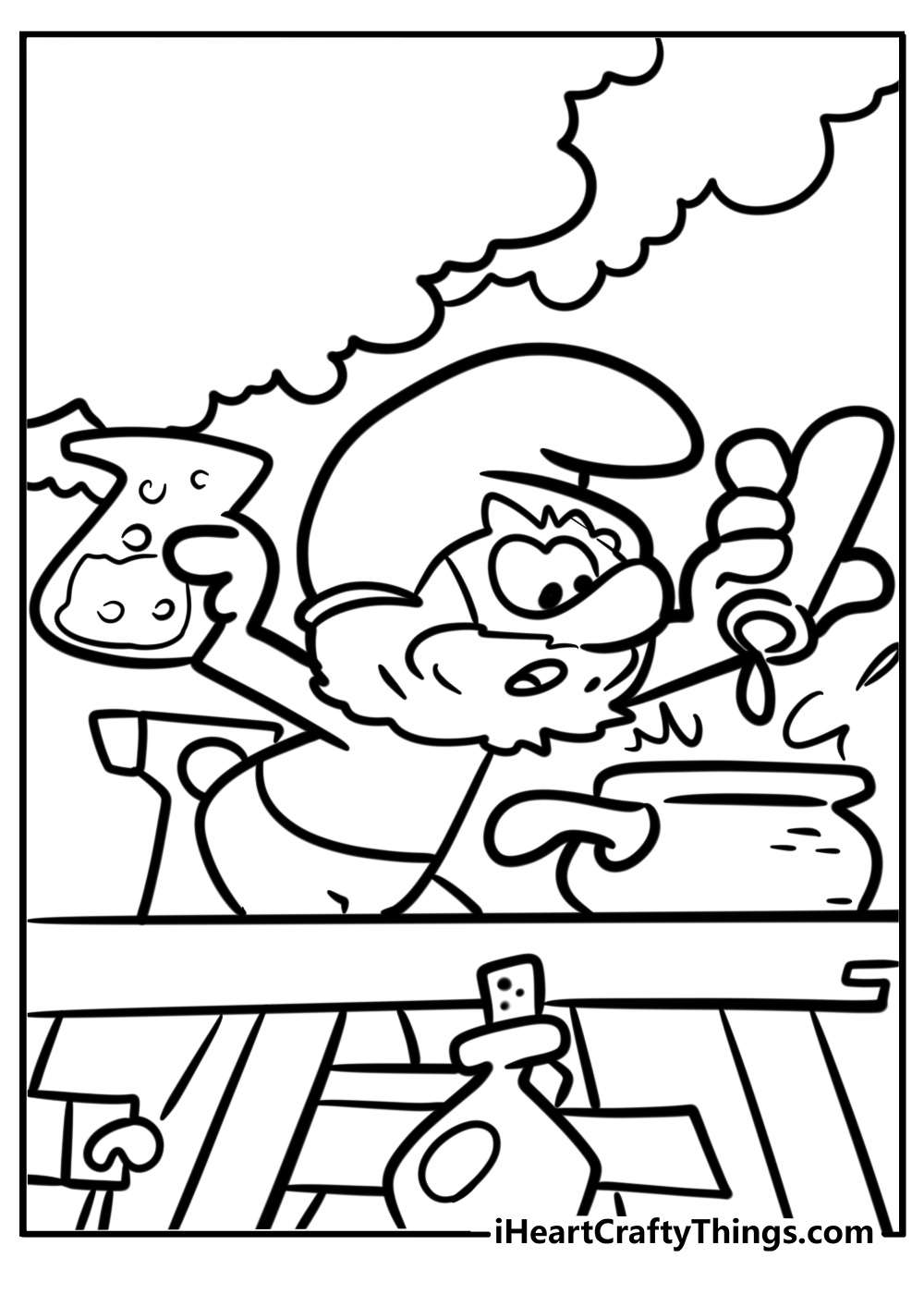 Papa smurf mixing a potion free printable coloring page