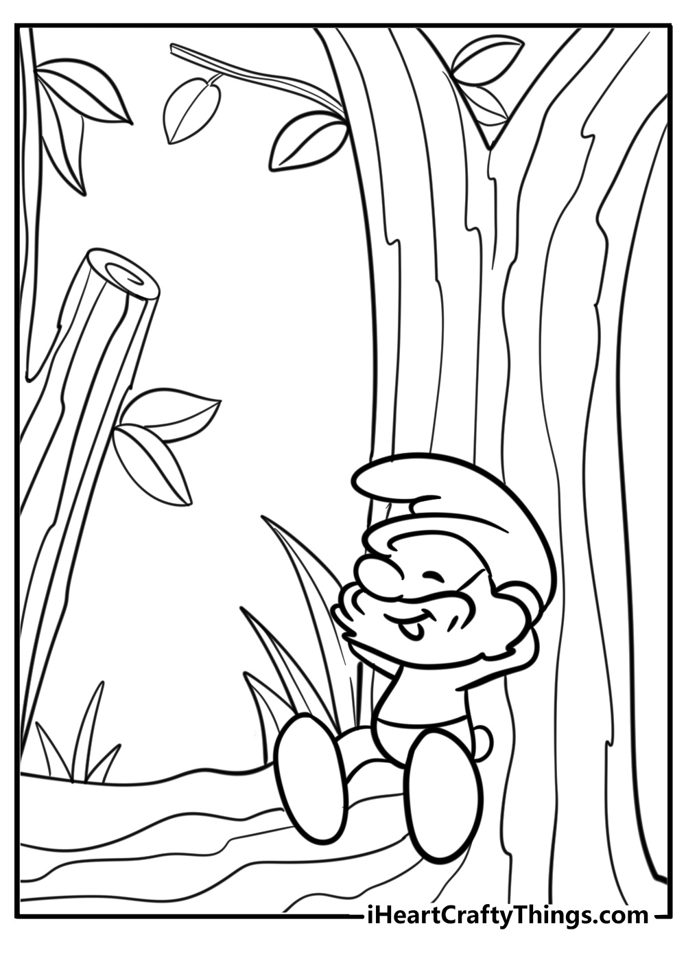 Papa smurf sitting under a tree free coloring page pdf