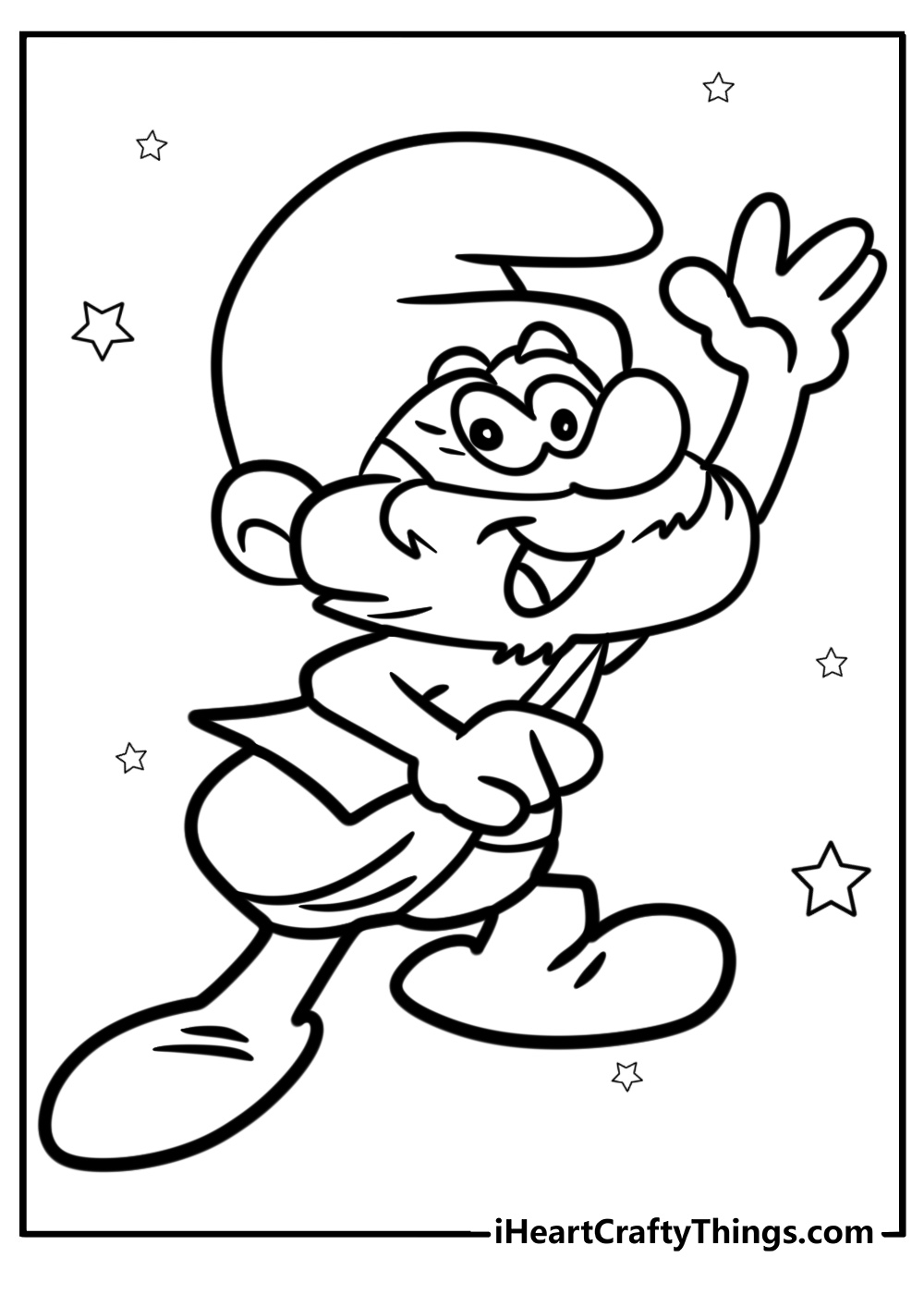 Papa smurf smiling and waving coloring page for kids