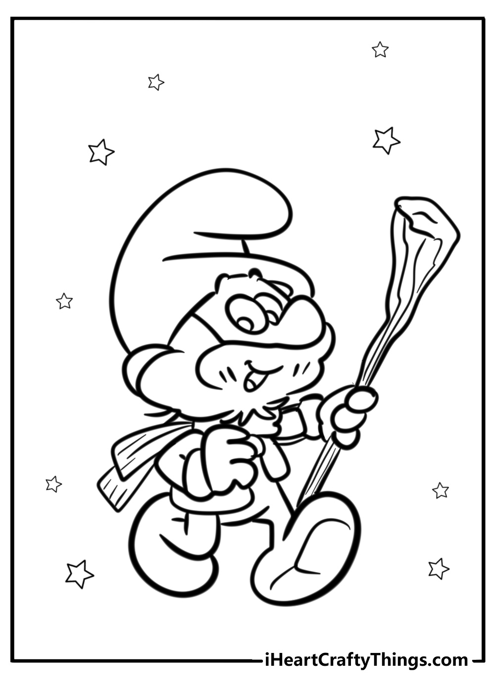 Papa smurf with his walking stick free coloring page pdf