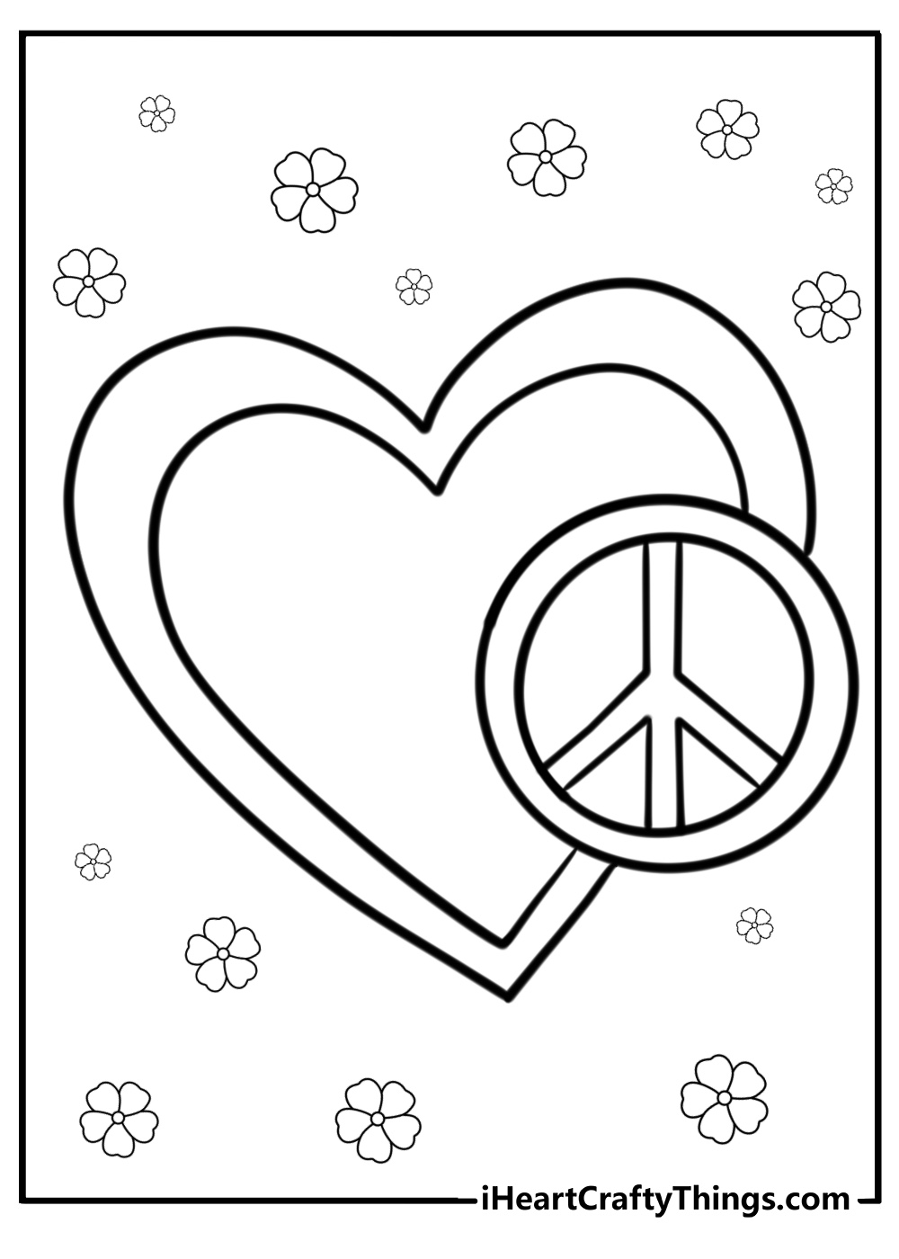 Peace sign and hearts free printable coloring page