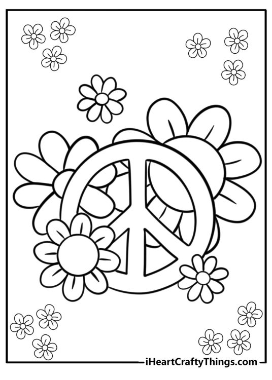 Peace sign surrounded by flowers fun printable coloring sheet