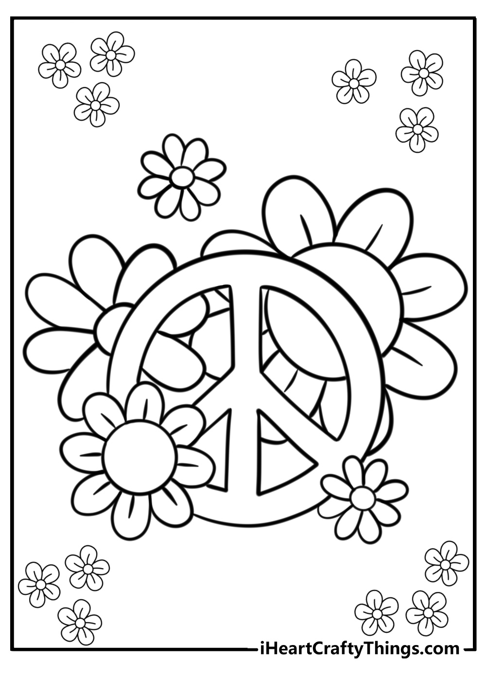 Peace sign surrounded by flowers fun printable coloring sheet