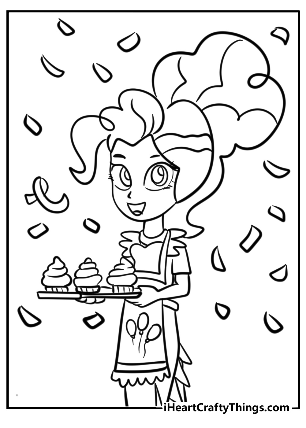 Pinkie pie with cupcakes and confetti free equestria girls coloring page pdf