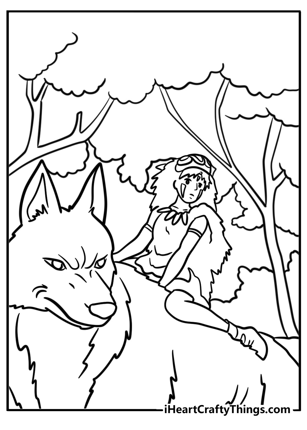 Princess mononoke riding her wolf companion detailed coloring sheet