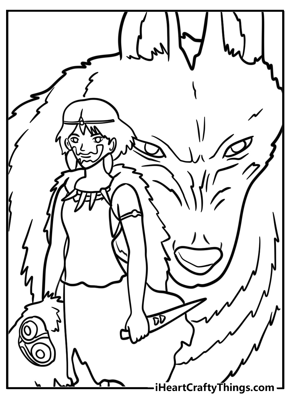 Princess mononoke with her wolf companion fun printable coloring sheet