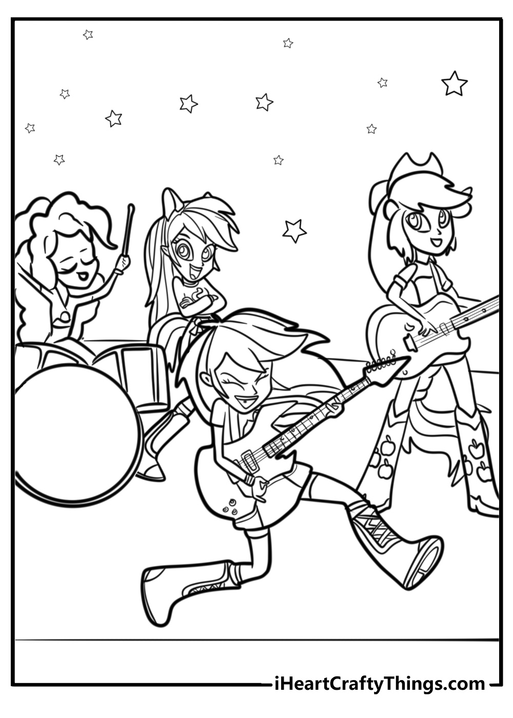 Rainbow dash with her rock band detailed coloring sheet