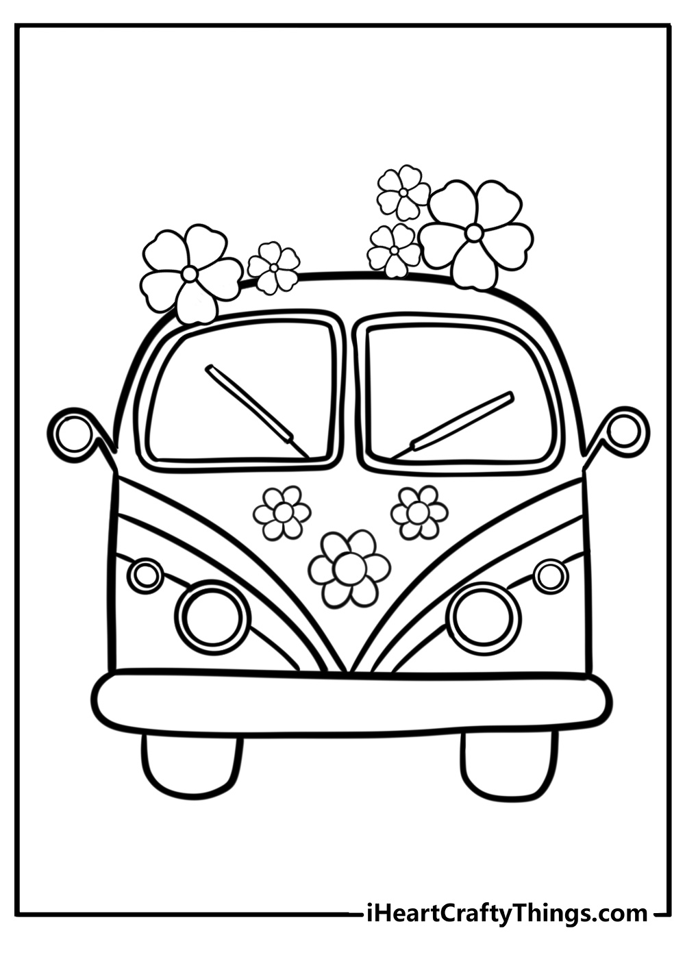 Retro hippie bus with decorations detailed coloring sheet