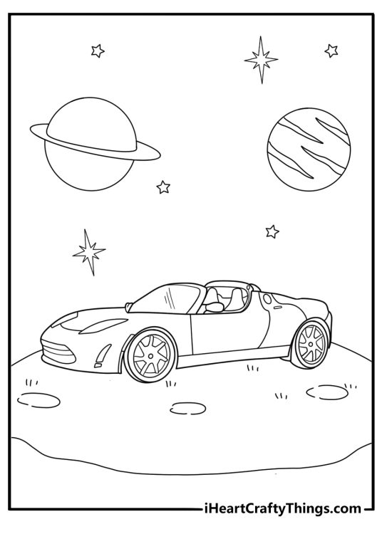 simple coloring page showing Tesla Roadster in outer space