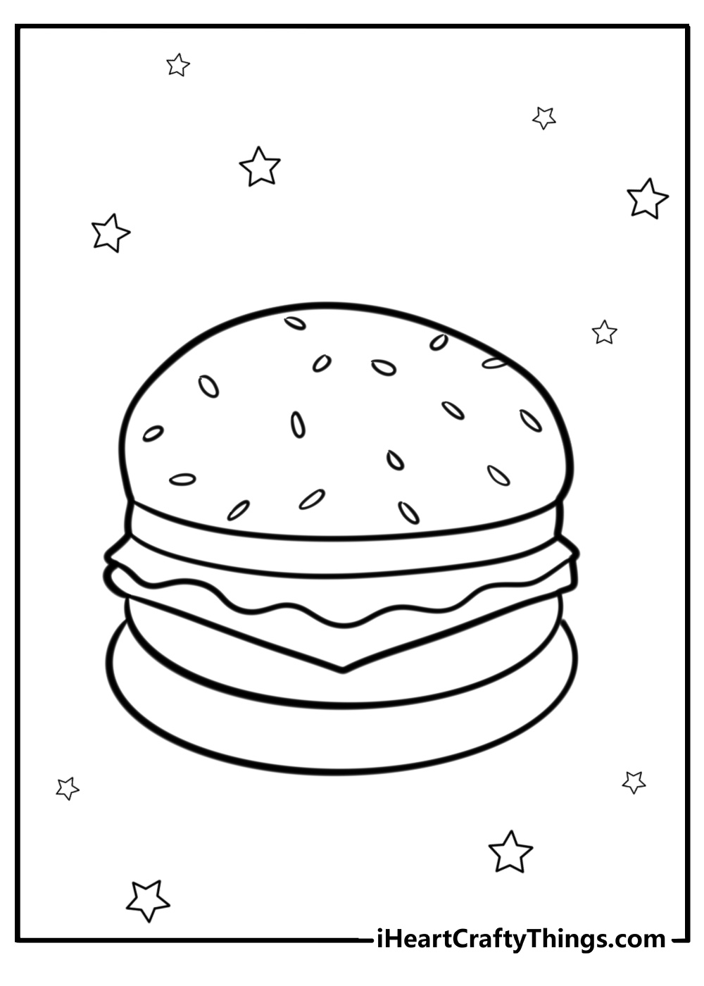 Simple hamburger with sesame seed bun detailed coloring sheet