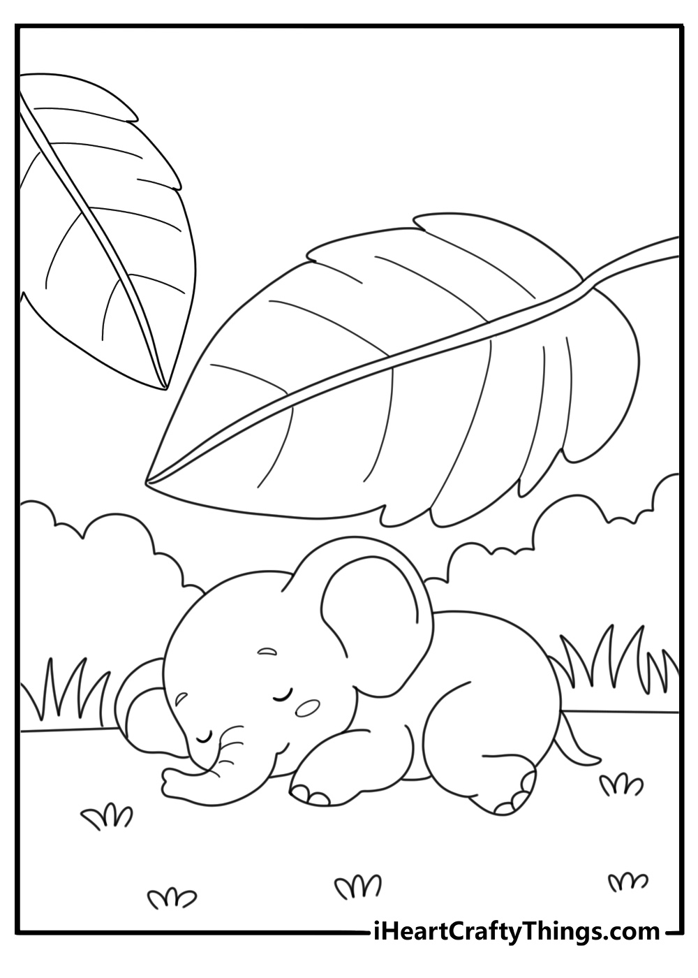 simple kawaii baby elephant coloring printable baby elephant sleeping under a big leaf for toddlers easy outline