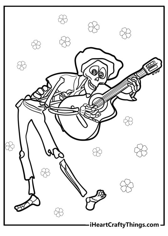 Skeleton hector playing guitar fun coco coloring sheet