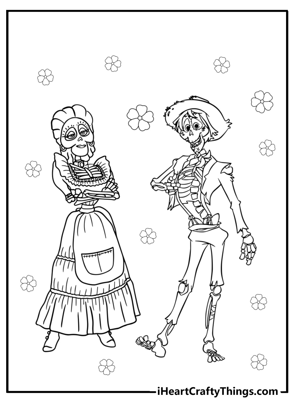 Skeletons celebrating dia de los muertos fun coco coloring sheet