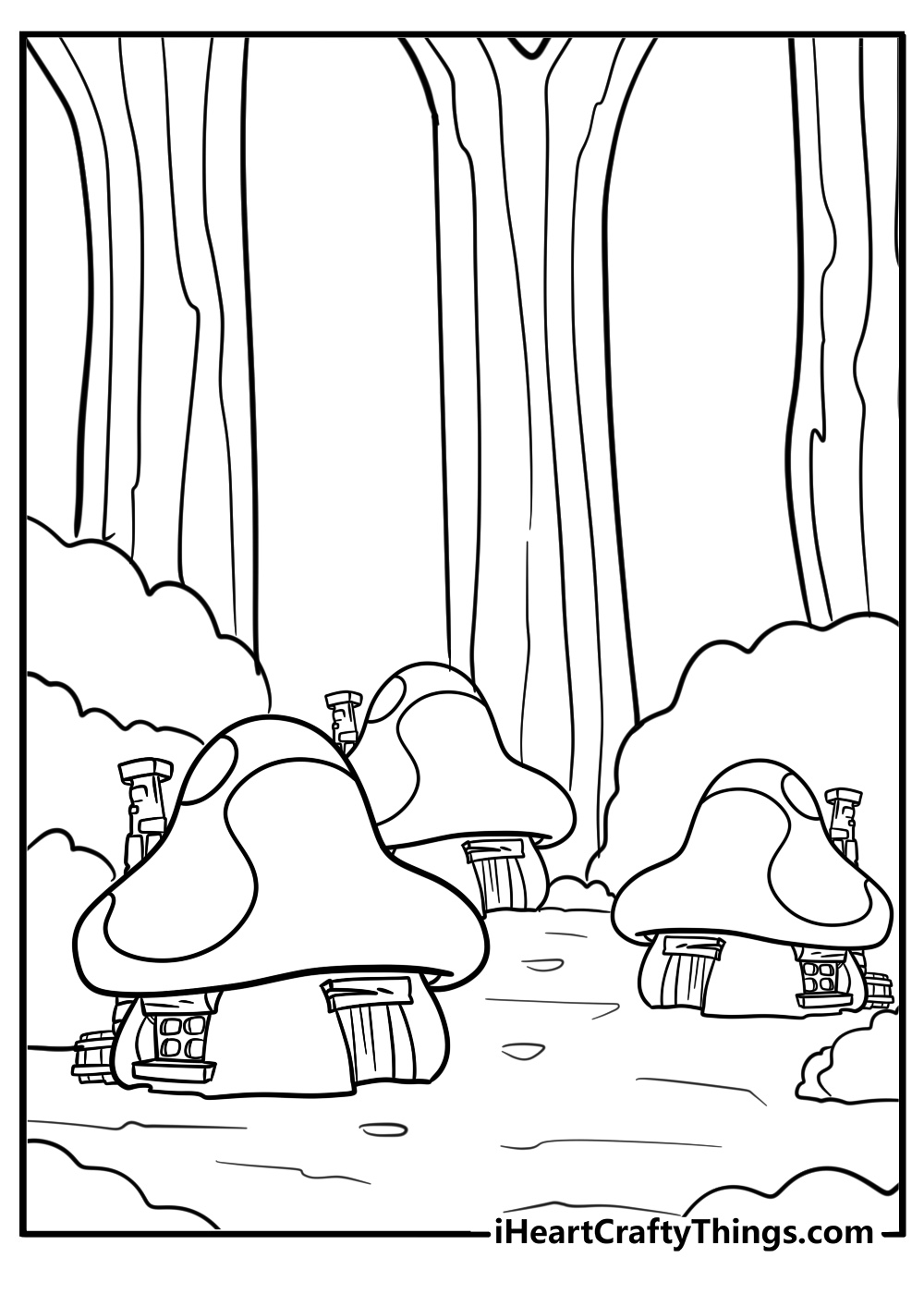 Smurf village with mushroom houses free coloring page pdf