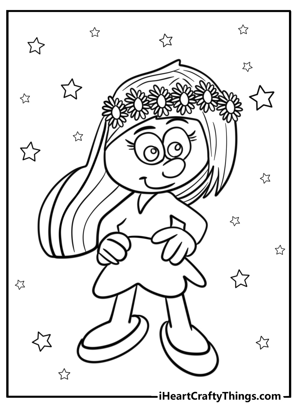 Smurfette making a flower crown fun printable coloring sheet