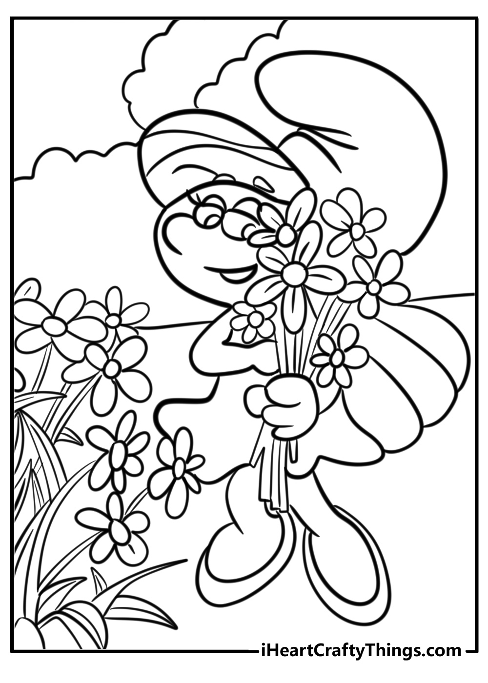 Smurfette picking flowers detailed smurf coloring sheet