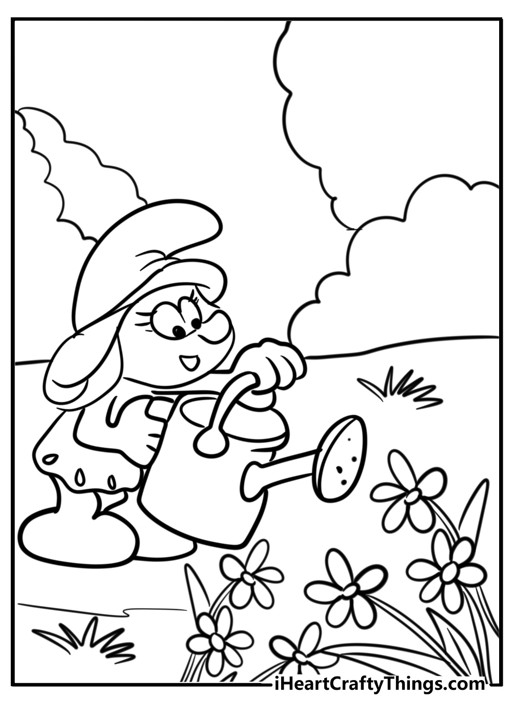 Smurfette watering flowers free smurf coloring page pdf