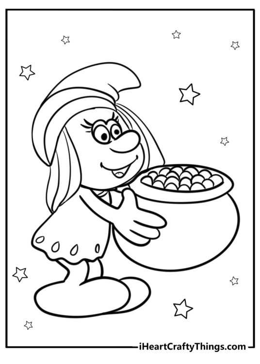 Smurfette with a basket of berries fun smurf coloring sheet