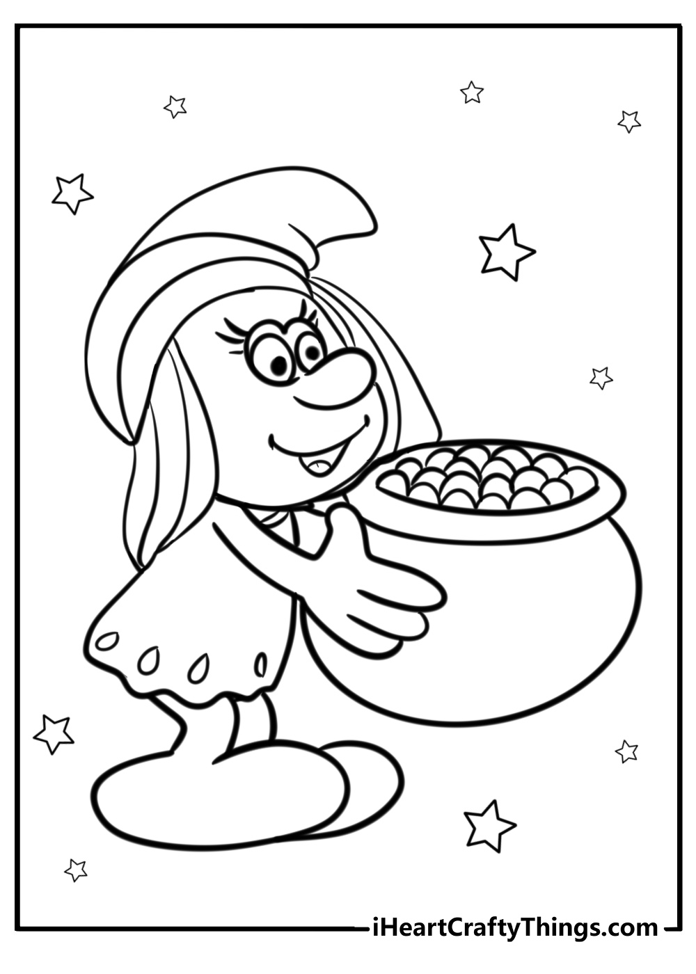 Smurfette with a basket of berries fun smurf coloring sheet