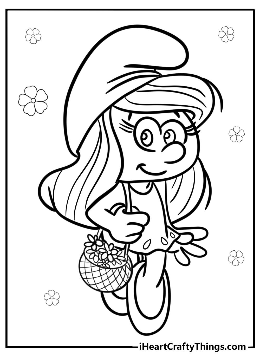 Smurfette with a basket of flowers detailed coloring sheet