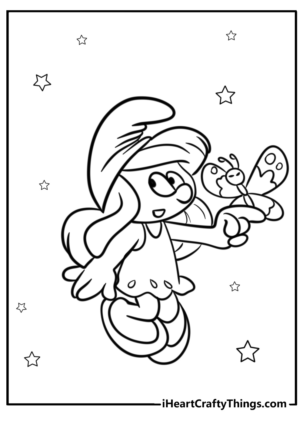 Smurfette with a butterfly printable coloring page