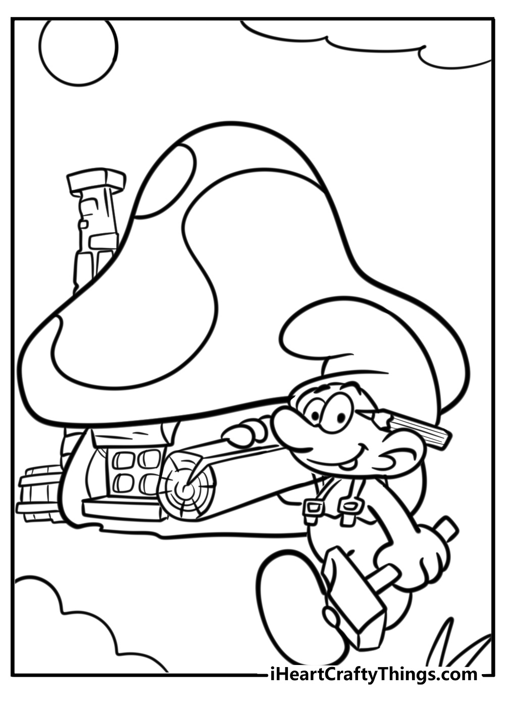 Smurfs building a house detailed coloring sheet