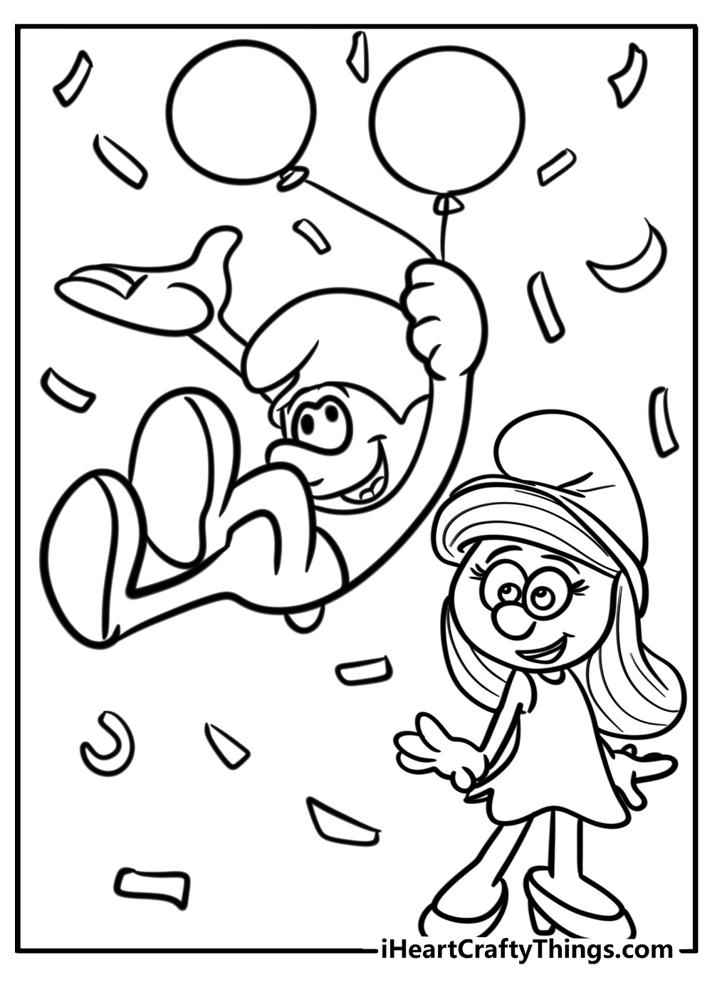 Smurfs celebrating with balloons fun coloring sheet