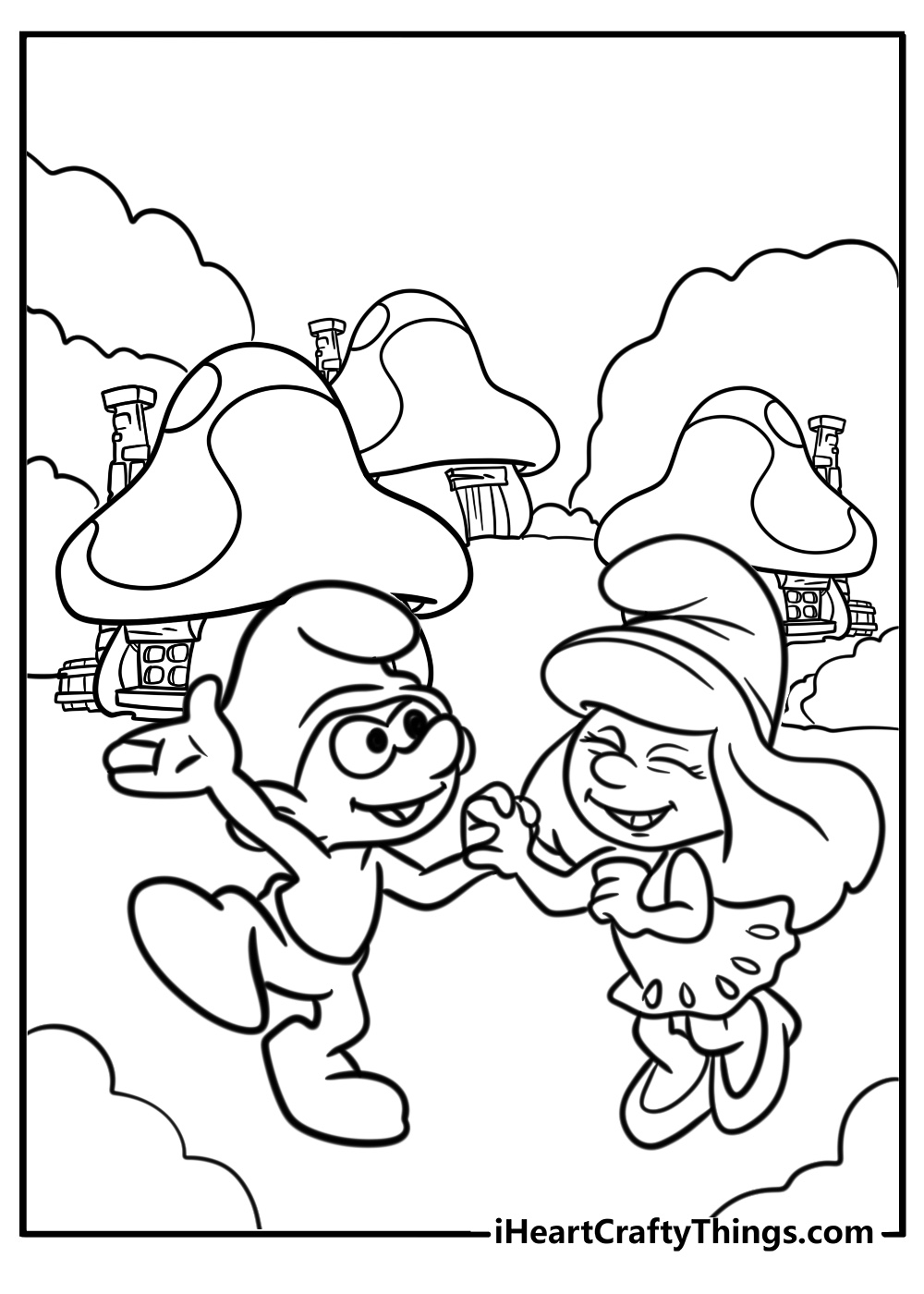 Smurfs dancing in the village free printable coloring page