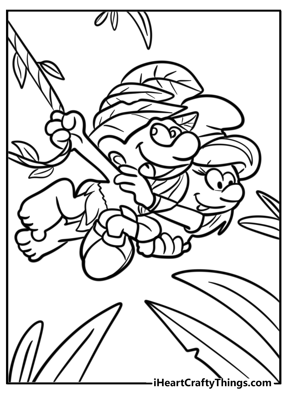 Smurfs playing in the forest detailed coloring sheet