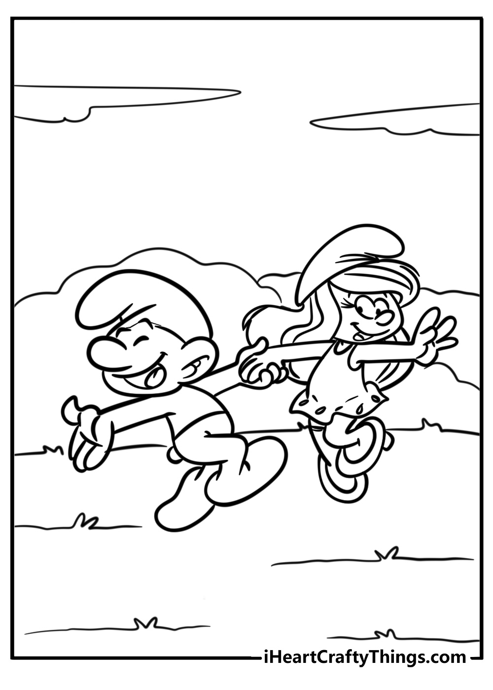 Smurfs playing in the meadow detailed coloring sheet