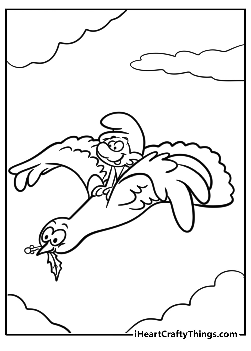 Smurfs riding on birds detailed coloring sheet