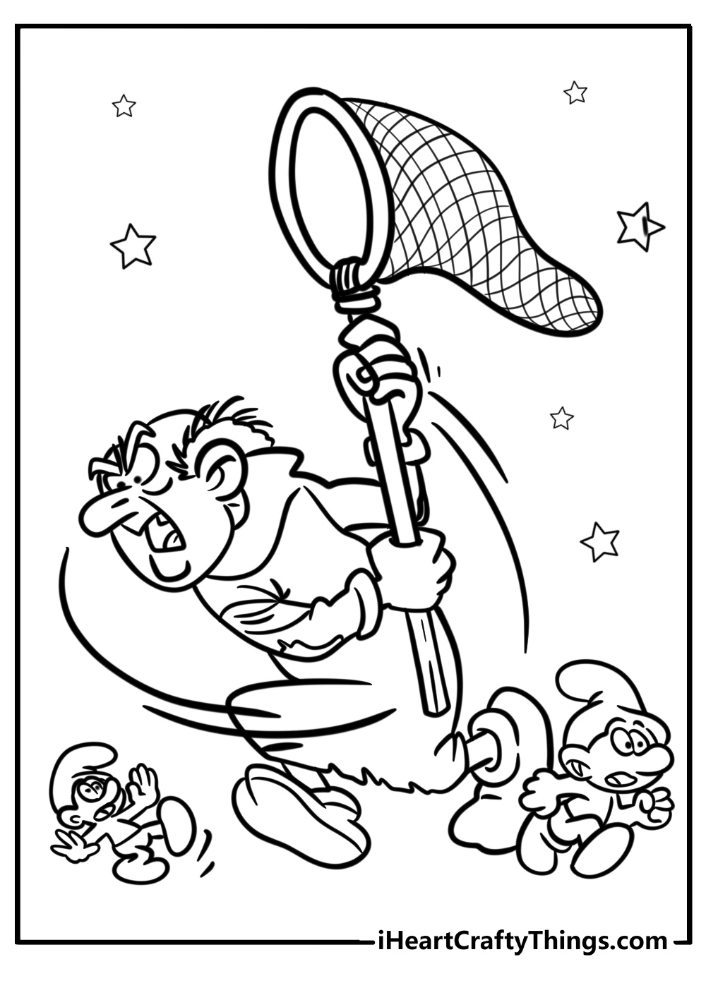 Smurfs running away from gargamel detailed coloring sheet