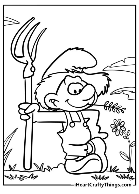 Smurfs working in the garden detailed coloring sheet