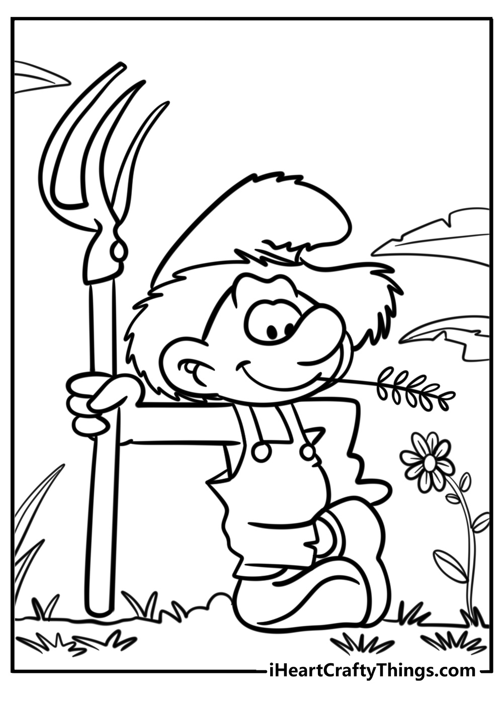 Smurfs working in the garden detailed coloring sheet