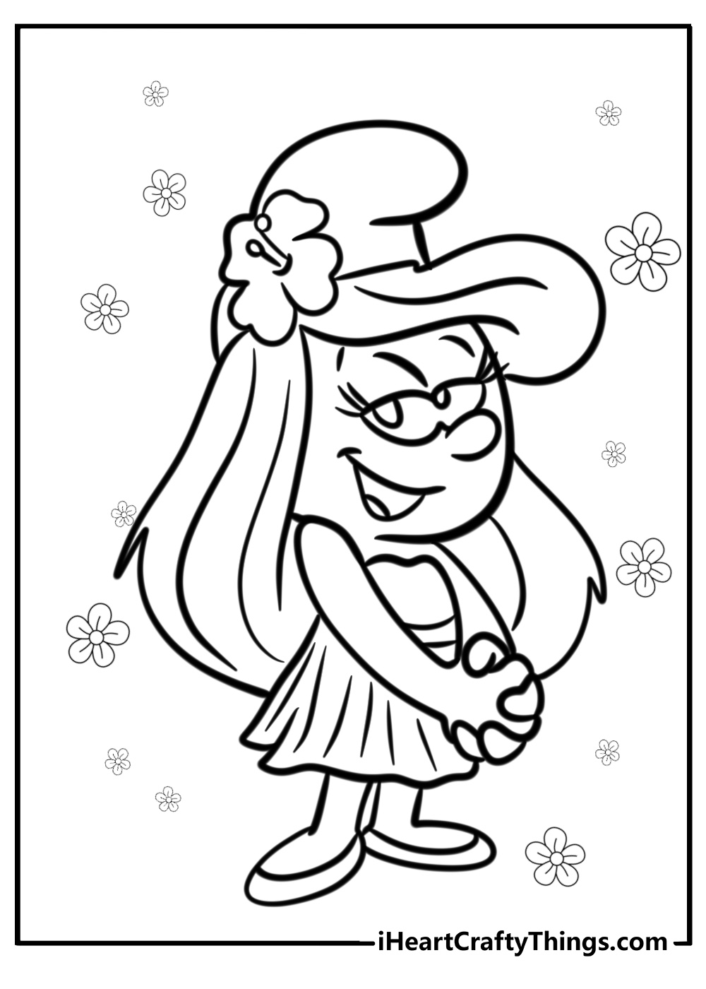 Smurtette in a cute dress detailed coloring sheet