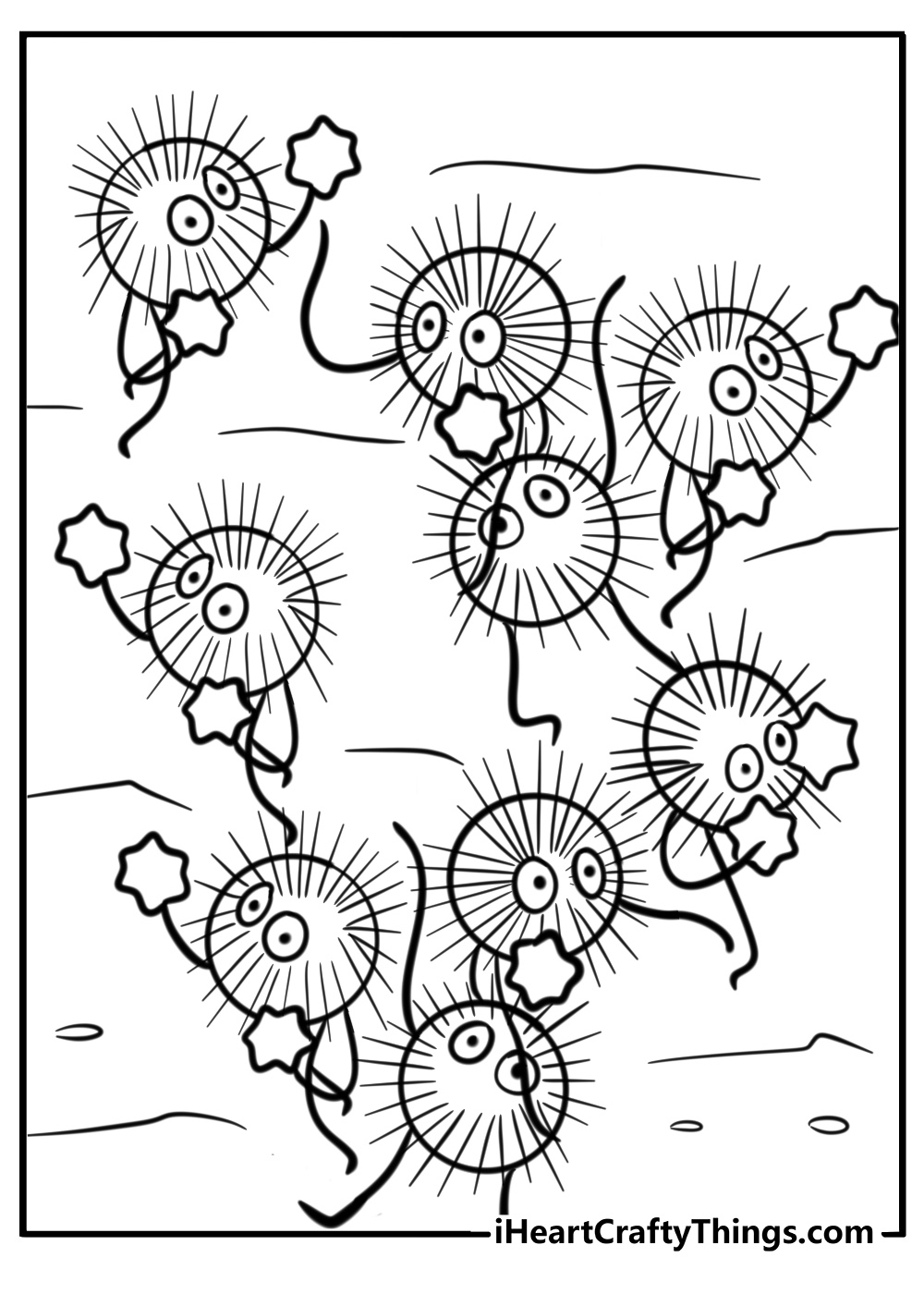 Soot sprites playing together free printable coloring page