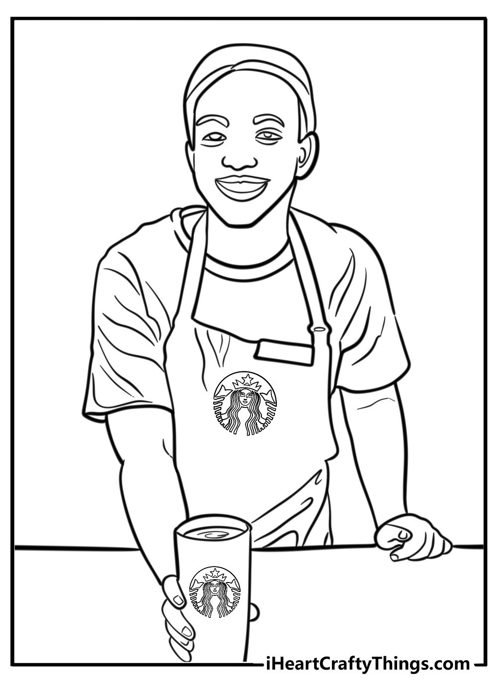 Starbuc barista smiling with coffee cup detailed coloring sheet