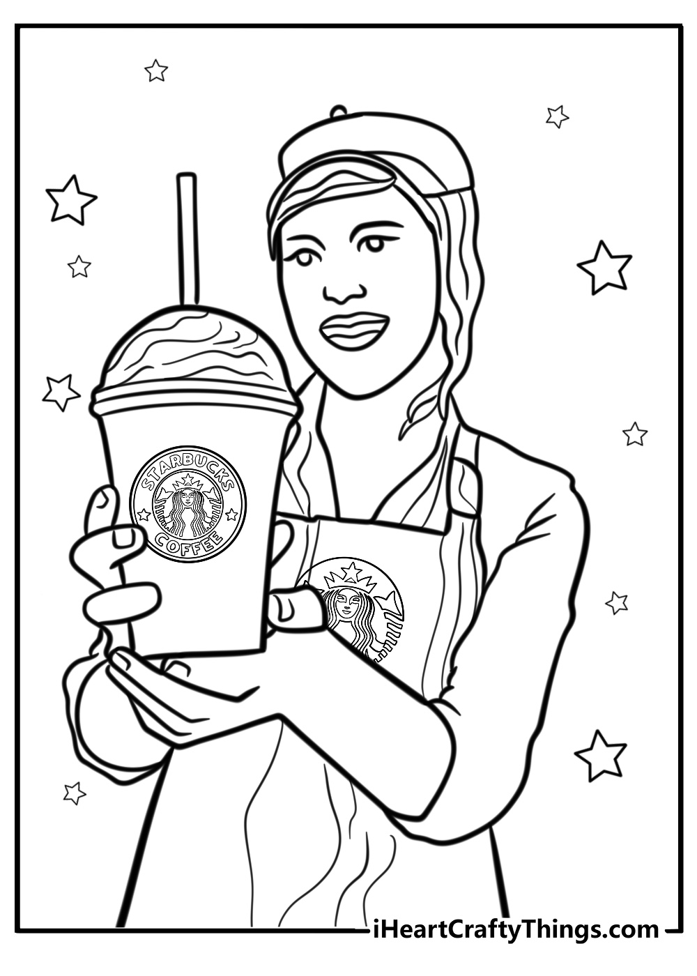 Starbucks barista holding a drink detailed coloring sheet