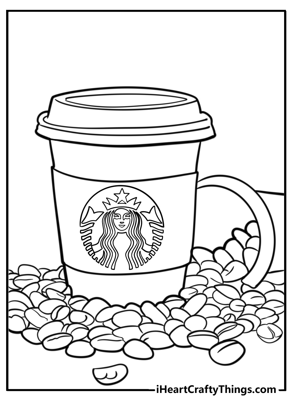 Starbucks cup and coffee beans detailed coloring sheet for kids