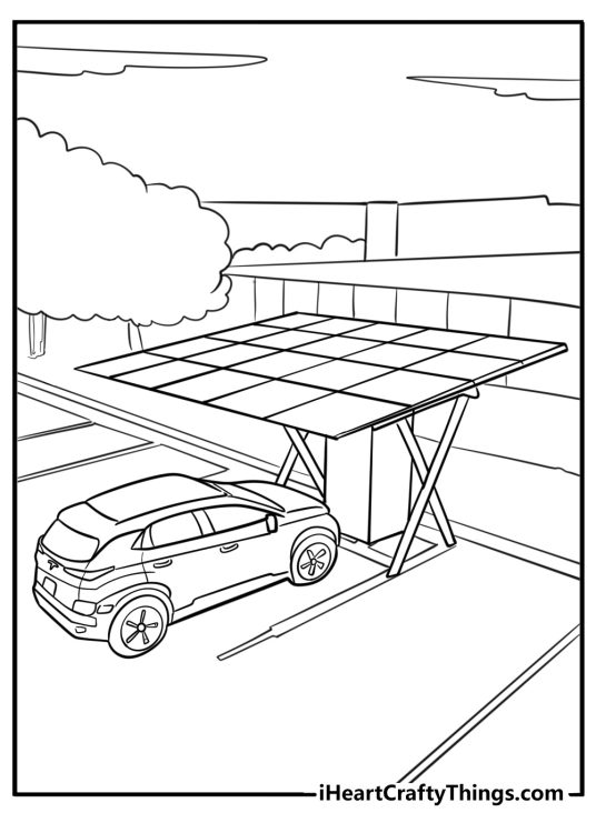 Highly detailed coloring picture capturing Tesla car charging outdoors with solar panels