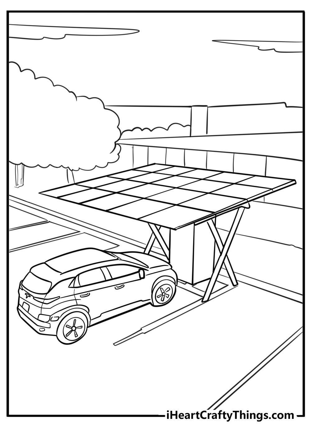 Tesla car charging with solar panels free printable coloring page