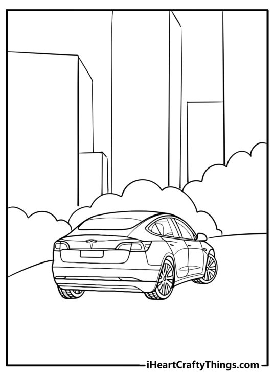 Coloring image featuring the back view of Tesla car and futuristic environment in the background