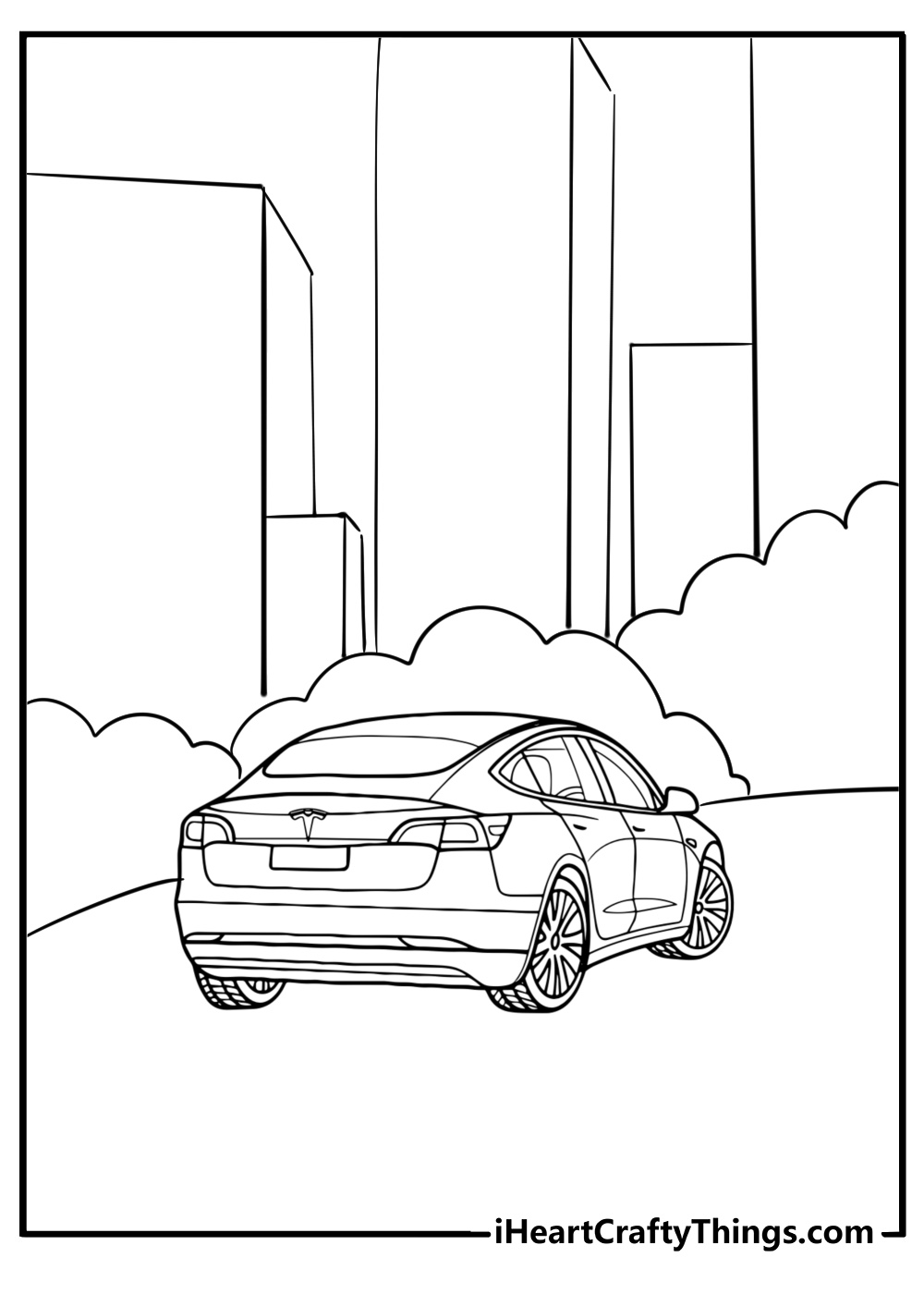 Tesla car in a futuristic environment detailed coloring sheet