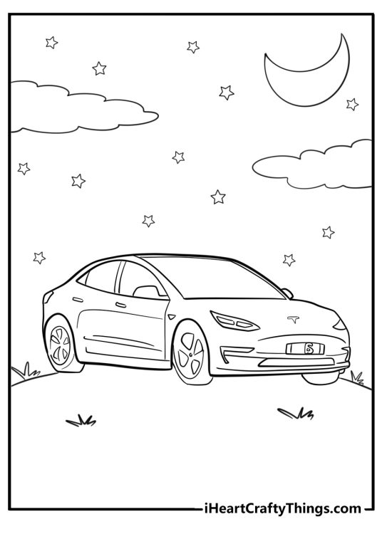 Coloring picture for children featuring Tesla car on a hill under a starry night