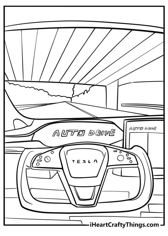Higly detailed printable coloring picture featuring a close up Tesla car steering wheel