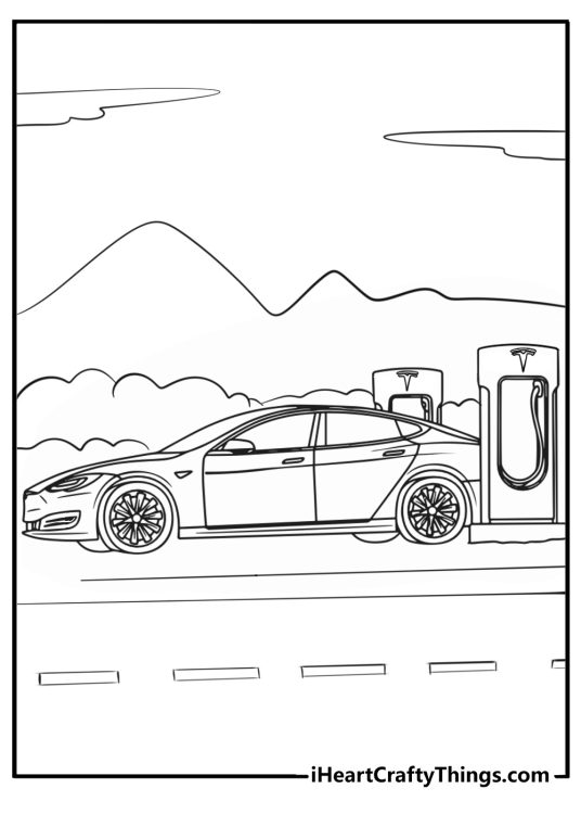 Poster featuring side view of a Tesla car charging at a station with mountains in the background